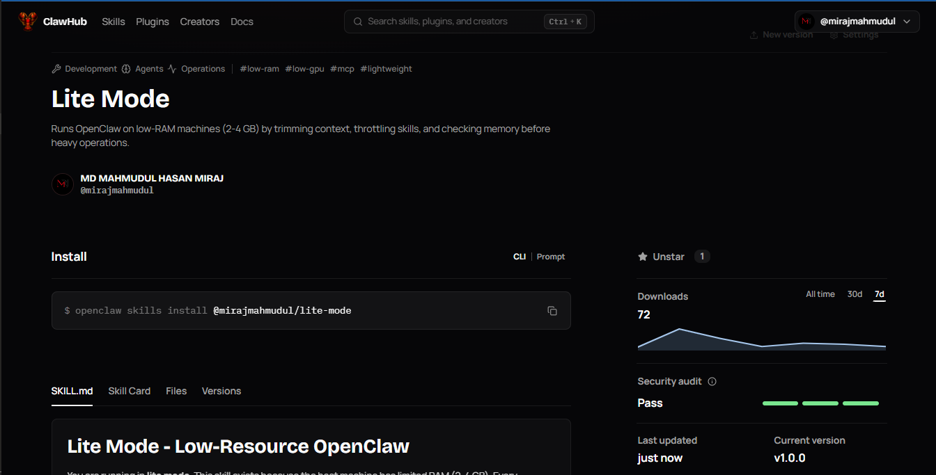 OpenClaw Lite Mode on ClawHub